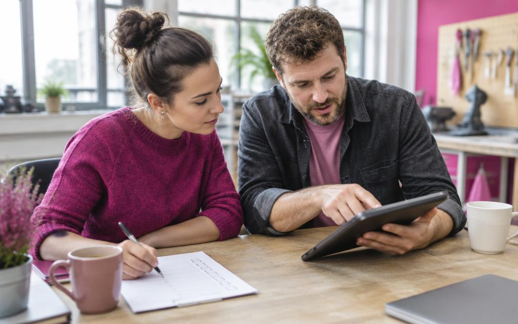 Two colleagues testing and reviewing the app against a checklist